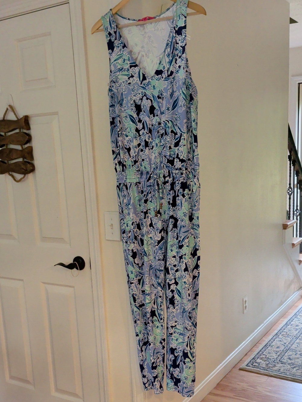 Lilly Pulitzer Navy Floral Sleeveless V-Neck Romper with Mint Accents
